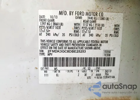 2013 Ford Edge Se z USA, uszkodzony, nr VIN 2FMDK3GC8DBE25253